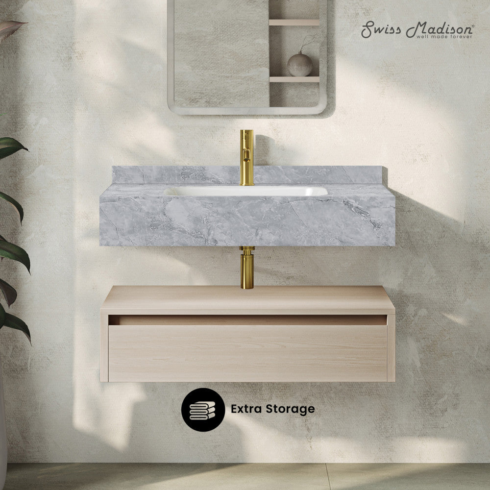 Avancer 36" Wall-Mounted Bathroom Vanity in White Oak with Storm Gray Sink Top