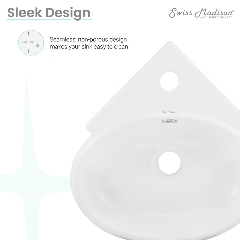 Corner wall-hung bathroom sink in white, seamless design, single faucet hole, oval basin.