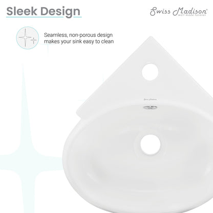 Corner wall-hung bathroom sink in white, seamless design, single faucet hole, oval basin.