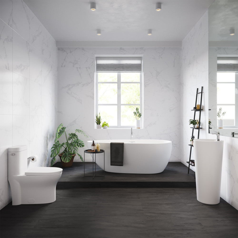 Freestanding soaking bathtub 67 inch in modern bathroom with white marble walls and dark floor.