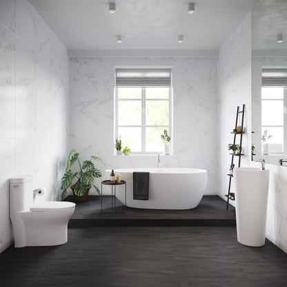 Freestanding soaking bathtub 67 inch in modern bathroom with white marble walls and dark floor.