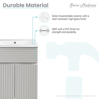 24-inch freestanding bathroom vanity in shell, single sink, soft-close doors.