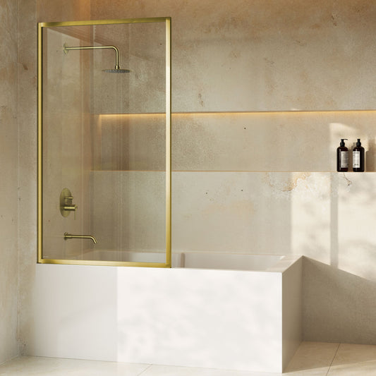 Pierre 34 x 58 Framed Fixed 3/8 in. (10mm) Clear Tempered Glass Tub Door with Brushed Gold Frame