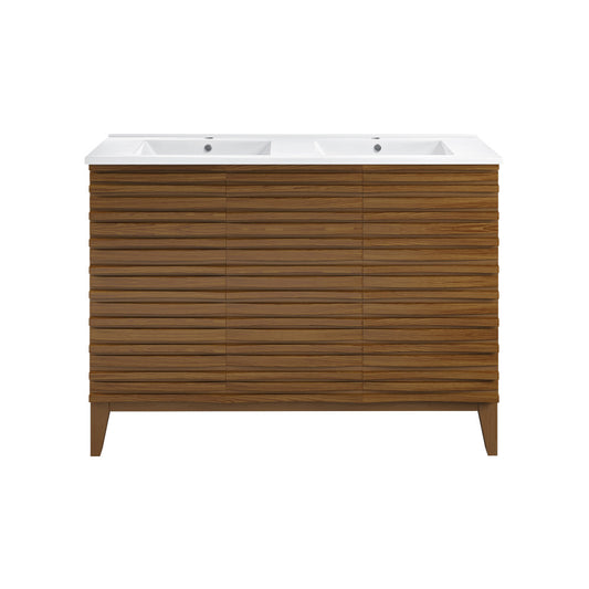 Cascade 48 in. Brown Oak, Double Basin Bathroom Vanity With White Ceramic Sink Top