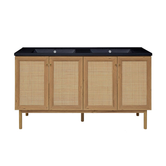 Classe 60" Freestanding Bathroom Vanity in Golden Oak with Black 3-Hole Widespread Double Basin Sink Top
