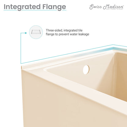 Bisque alcove apron front bathtub 60x32 inch with left-hand drain and integrated tile flange.