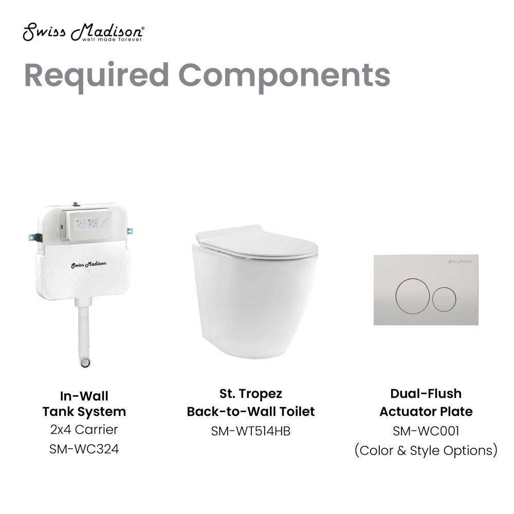 Elongated back-to-wall toilet bowl with concealed tank and black hardware, dual-flush actuator plate.