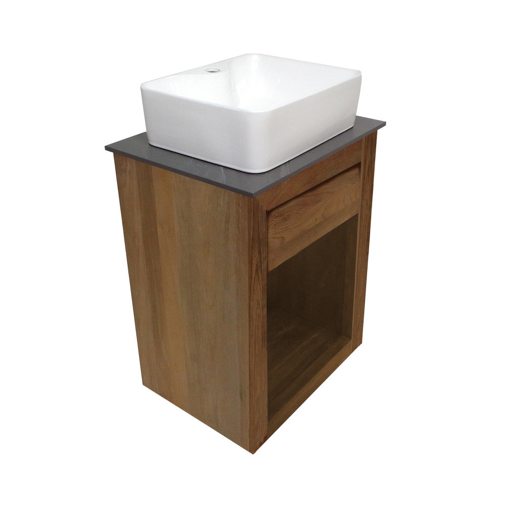 24-inch freestanding reclaimed wood bathroom vanity with slate countertop and single hole vessel sink.