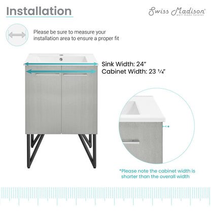 24-inch freestanding gray bathroom vanity with single sink and sleek angled metal legs.