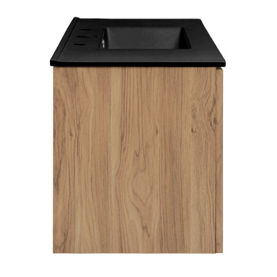 Classe 36 in. Brown Oak Wall Hung Bathroom Vanity With Black, 3-Hole Ceramic Sink Top