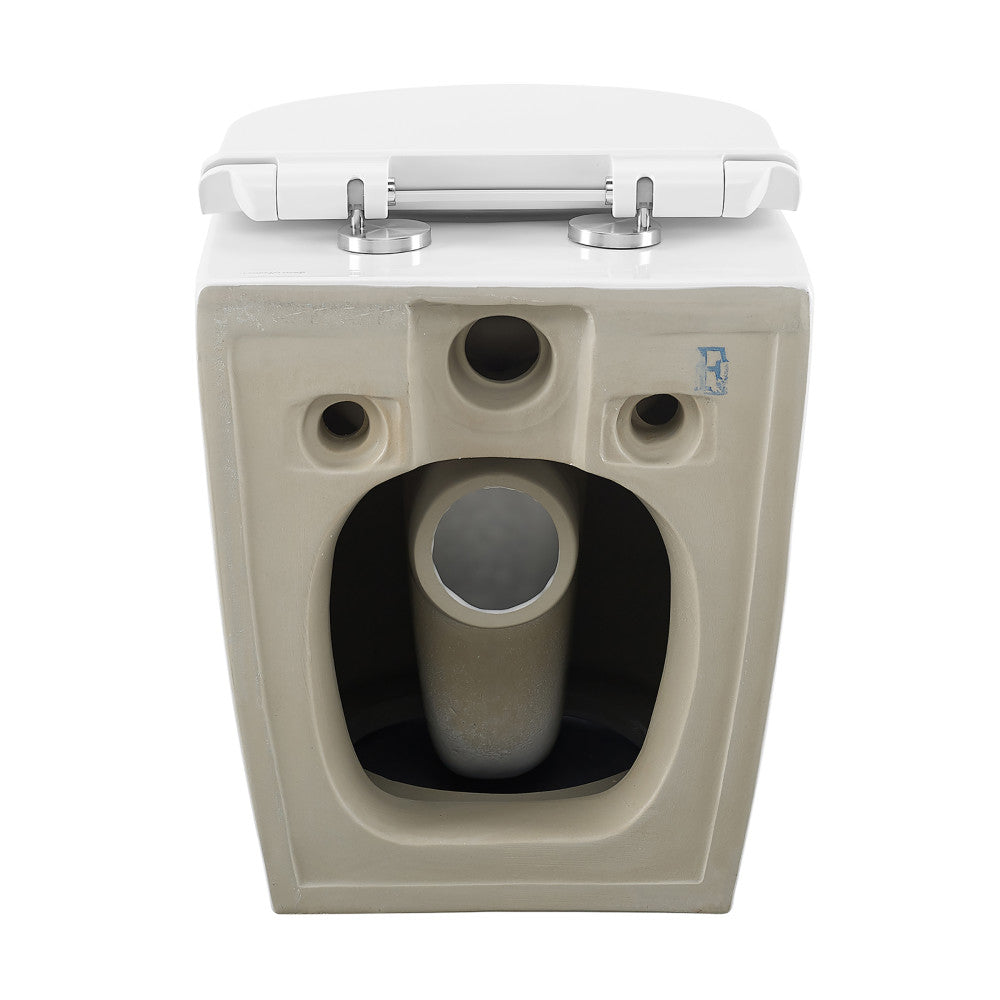 Elongated wall-hung toilet, soft-close seat, modern white ceramic design.