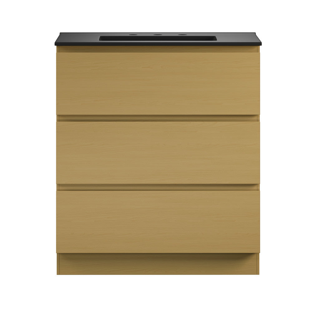 Liberte 30" Freestanding Bathroom Vanity in Natural Oak with Black 3-Hole Widespread Sink Top