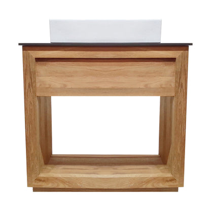36-inch freestanding natural teak bathroom vanity with single sink and open bottom shelf.