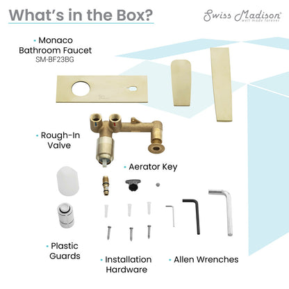 Monaco wall-mount bathroom faucet in brushed gold, single-handle with rough-in valve and installation tools.
