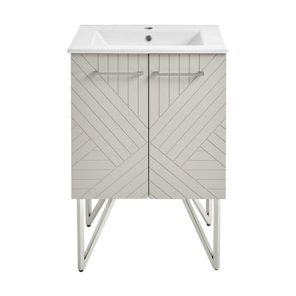 24-inch freestanding bathroom vanity in greige with single sink and chevron patterned doors.