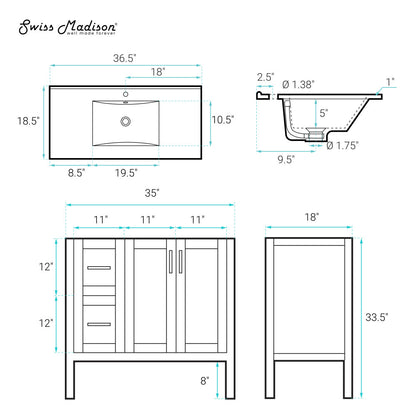 Forme 36" Modular Freestanding Bathroom Vanity with Sink Top in White