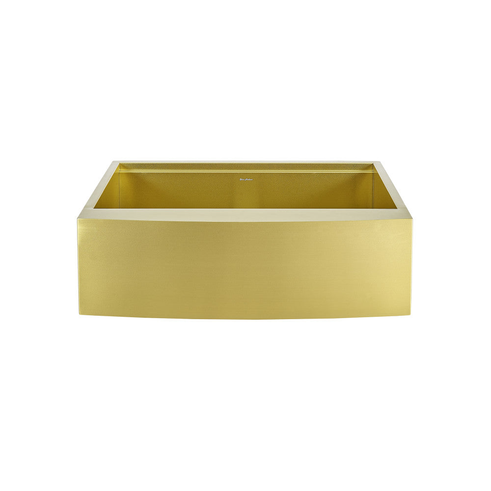 33 x 22 gold stainless steel farmhouse kitchen sink with single basin and apron front.
