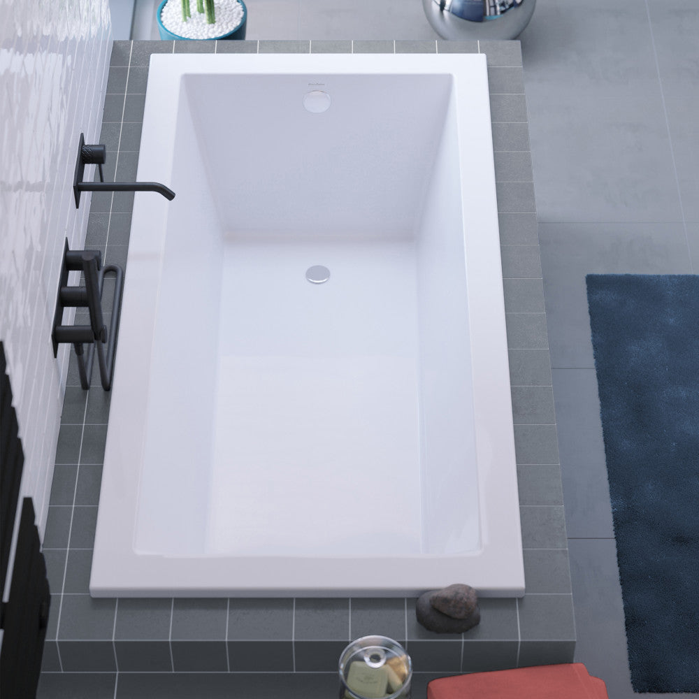 Drop-in rectangular bathtub 54 inch, reversible drain, white acrylic surface.