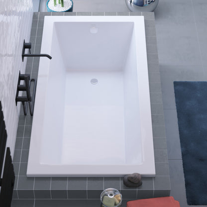 Drop-in rectangular bathtub 54 inch, reversible drain, white acrylic surface.