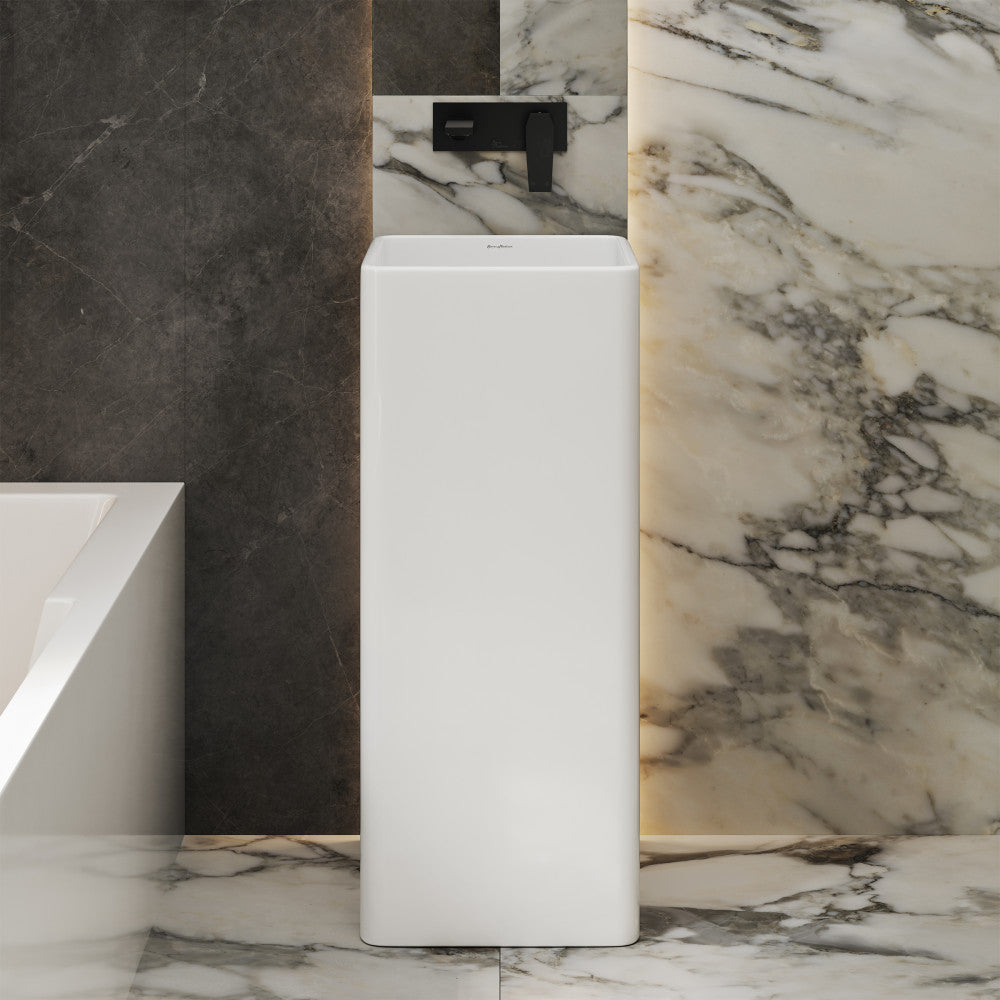One-piece rectangular pedestal sink in white porcelain with modern square edges and single faucet hole.