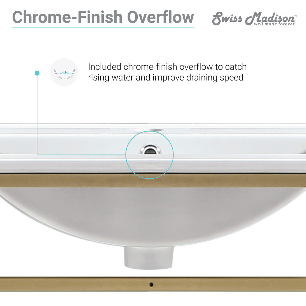 30-inch wall-mount bathroom vanity in gold metal frame with white sink and open shelf.
