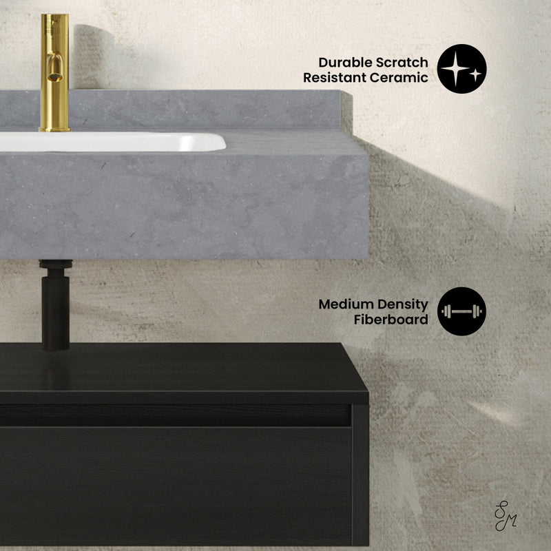 Avancer 36" Wall-Mounted Bathroom Vanity in Black Oak with Charcoal Gray Sink Top