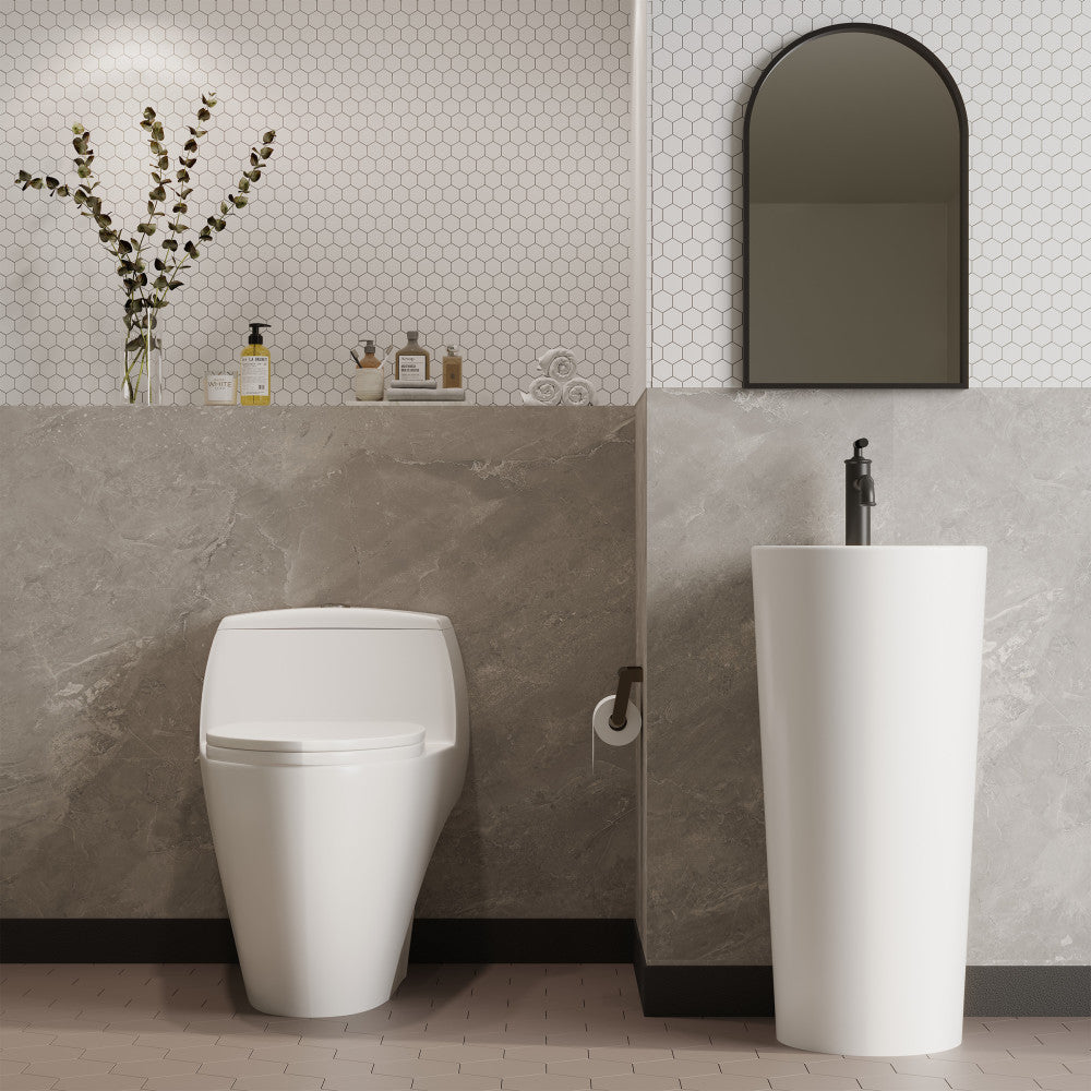 Elongated one-piece toilet with dual-flush and soft-close seat in modern bathroom setting.