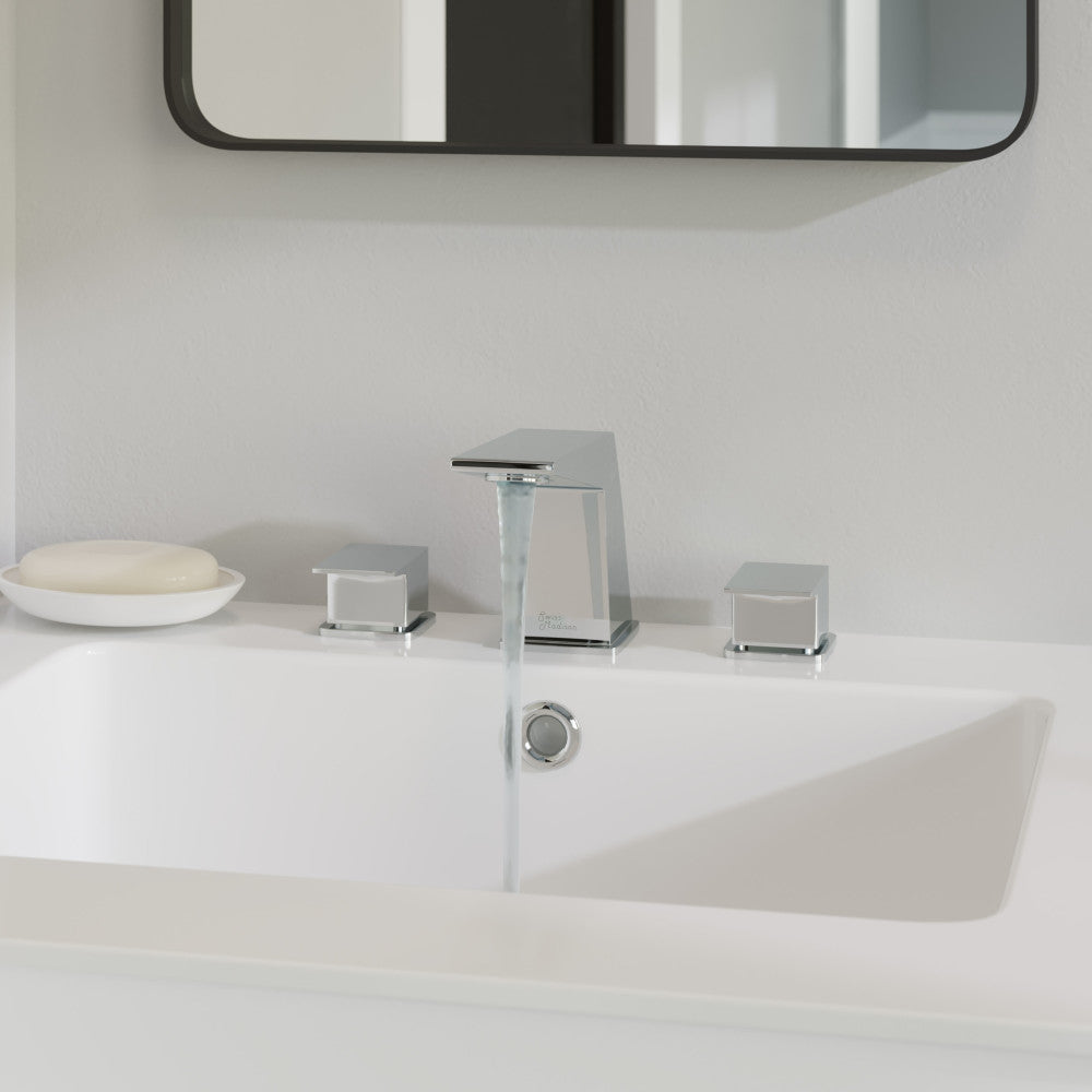 Widespread bathroom faucet in chrome with two square handles and a modern angular spout.