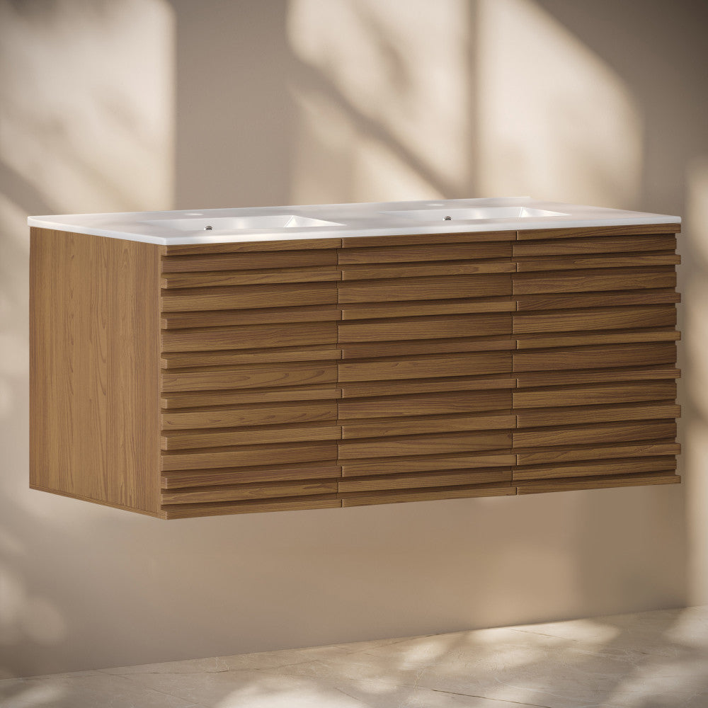 Cascade 48" Wall-Mounted Bathroom Vanity in Brown Oak with Double Basin Sink Top