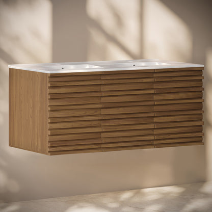 Cascade 48" Wall-Mounted Bathroom Vanity in Brown Oak with Double Basin Sink Top