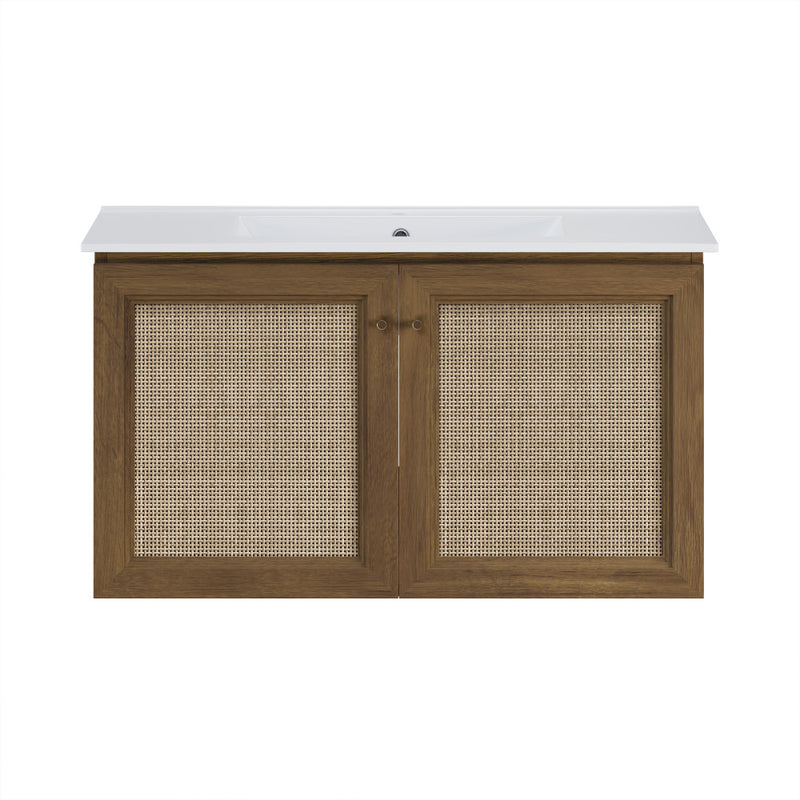 Classe 36" Wall-Mounted Bathroom Vanity in Brown Oak with Single Faucet Hole Vanity Top