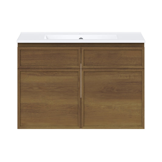 St. Tropez 30" Wall-Mounted Bathroom Vanity in Brown Oak with 3-Hole Widespread Sink Top
