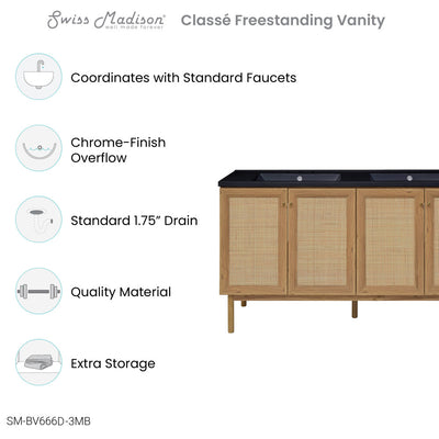 Classe 60" Freestanding Bathroom Vanity in Golden Oak with Black 3-Hole Widespread Double Basin Sink Top