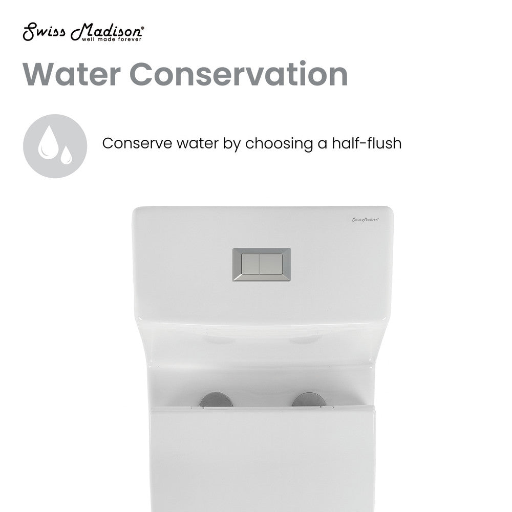 Elongated one-piece toilet, dual-flush, rectangular push button on tank, white ceramic.