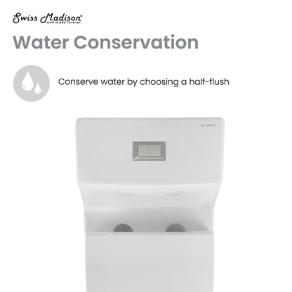 Elongated one-piece toilet, dual-flush, rectangular push button on tank, white ceramic.