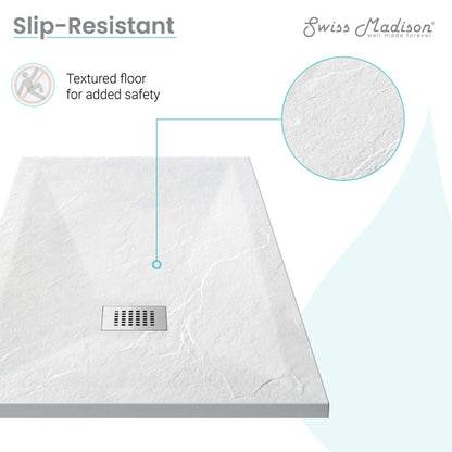 60" x 36" rectangular white shower base with reversible drain and textured slip-resistant floor.