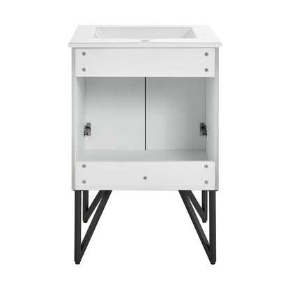 24-inch freestanding gray bathroom vanity with single sink and soft-close doors.