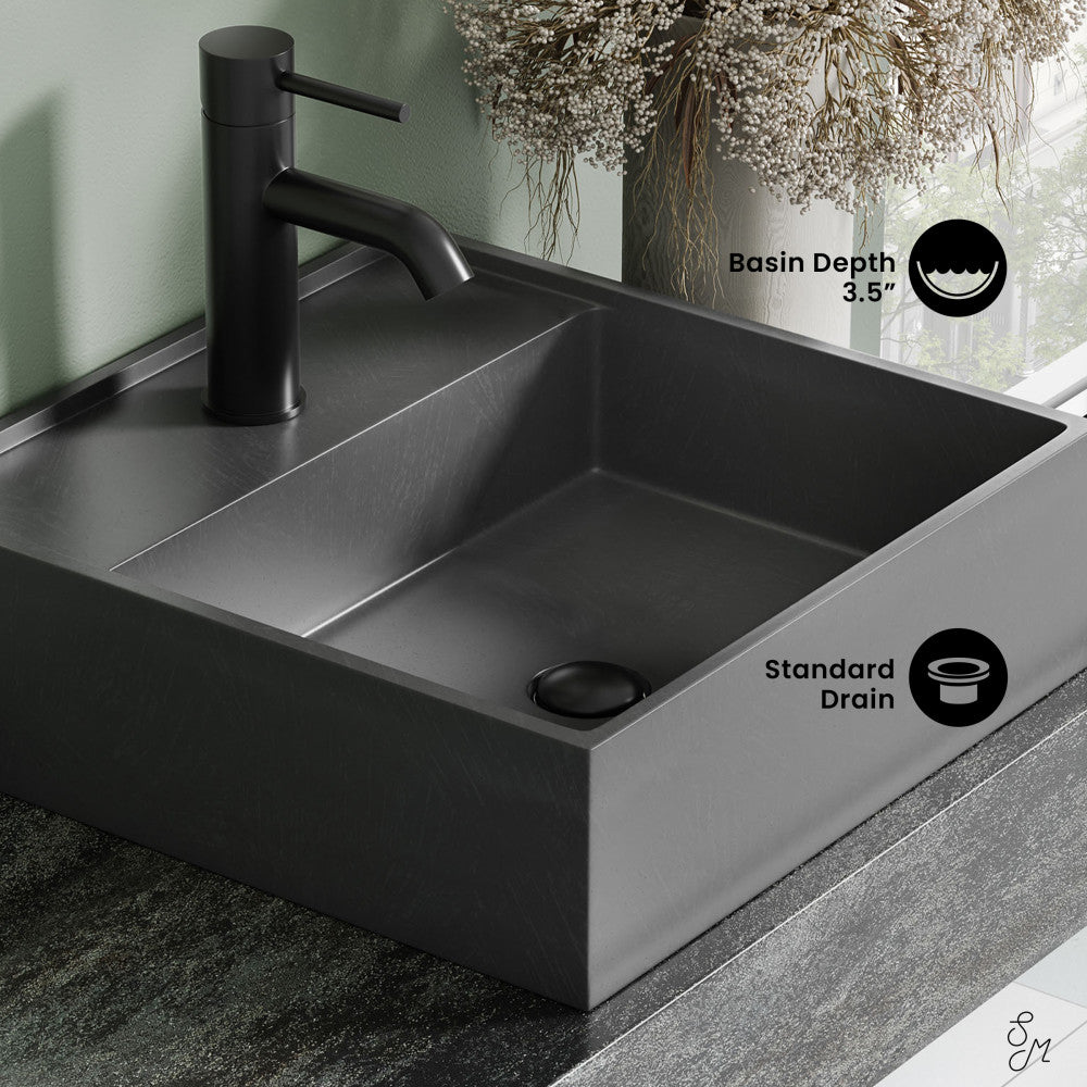 16" square freestanding concrete bathroom sink in dark grey, standard drain, 3.5" basin depth.