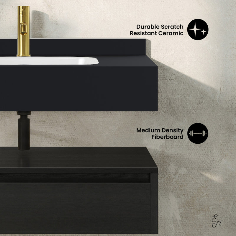 Avancer 36" Wall-Mounted Bathroom Vanity in Black Oak with Black Marble Sink Top