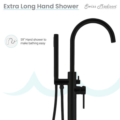 Freestanding bathtub faucet in matte black, single handle, sleek modern design.