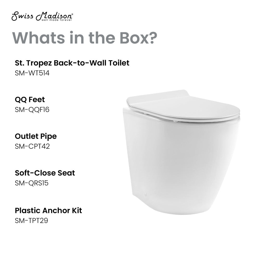 Elongated back-to-wall toilet bowl in glossy white with soft-close seat and concealed tank design.