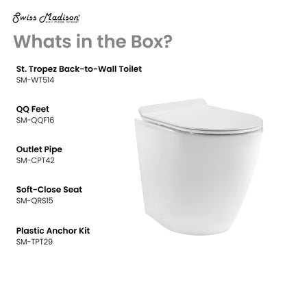Elongated back-to-wall toilet bowl in glossy white with soft-close seat and concealed tank design.