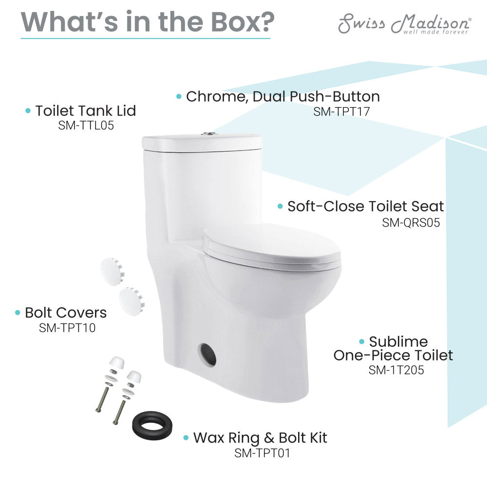 Elongated one-piece toilet in white with dual-flush chrome push-button and soft-close seat.
