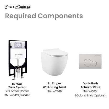 Elongated wall-hung toilet bowl in white ceramic, dual-flush actuator plate included, modern design.