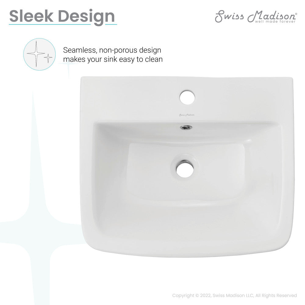 21-inch white wall-mount bathroom sink with single faucet hole and overflow opening.