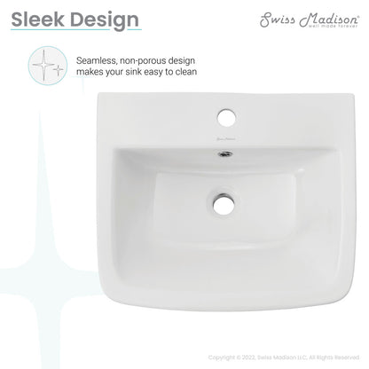 21-inch white wall-mount bathroom sink with single faucet hole and overflow opening.