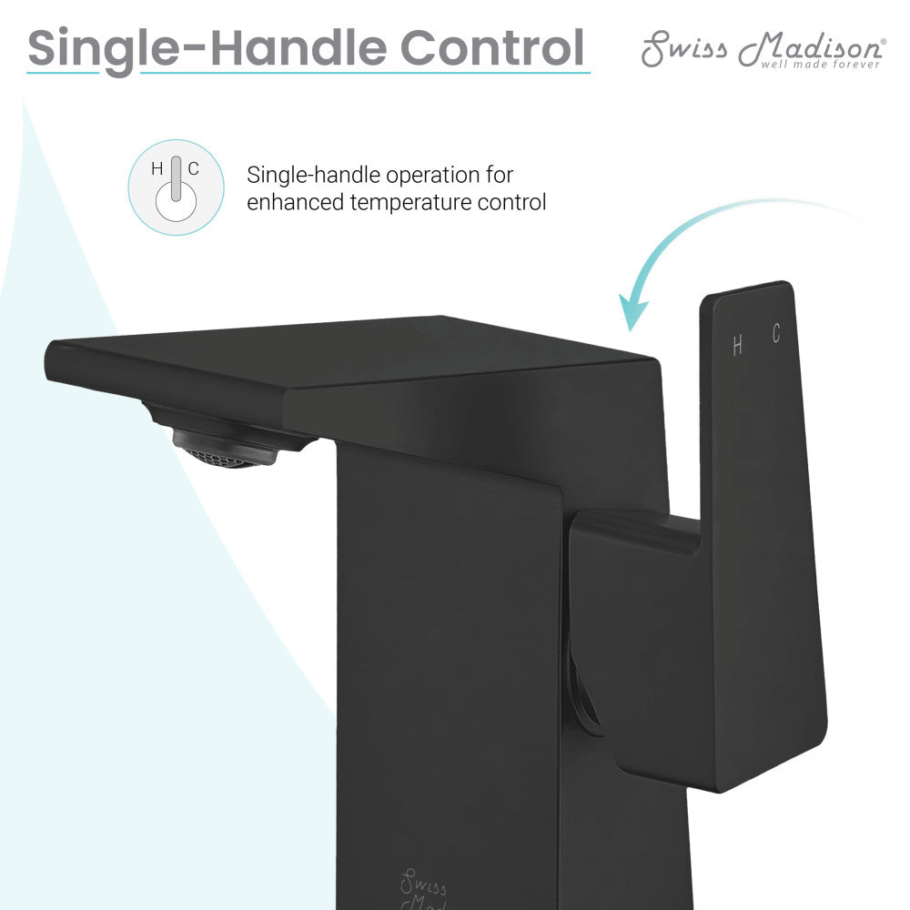 Single-handle bathroom faucet in matte black with square spout and lever handle.