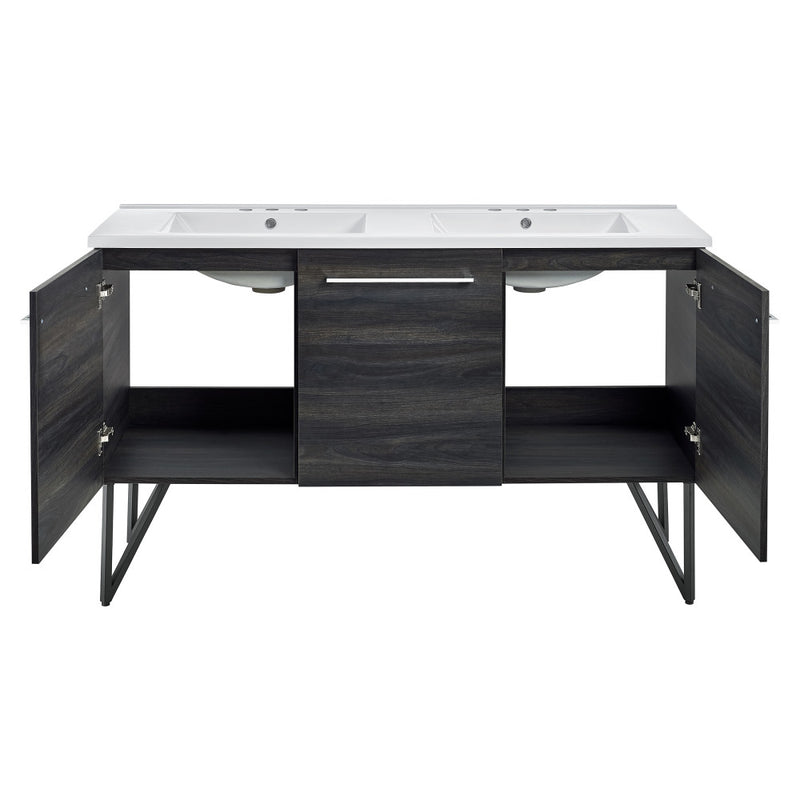 Annecy 60 in. Black Walnut, Double Basin Bathroom Vanity With White, 3-Hole Artificial Stone Sink Top