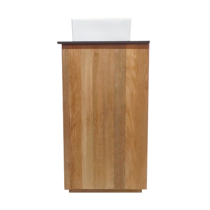 24-inch freestanding reclaimed wood bathroom vanity in natural teak with slate countertop and vessel sink.