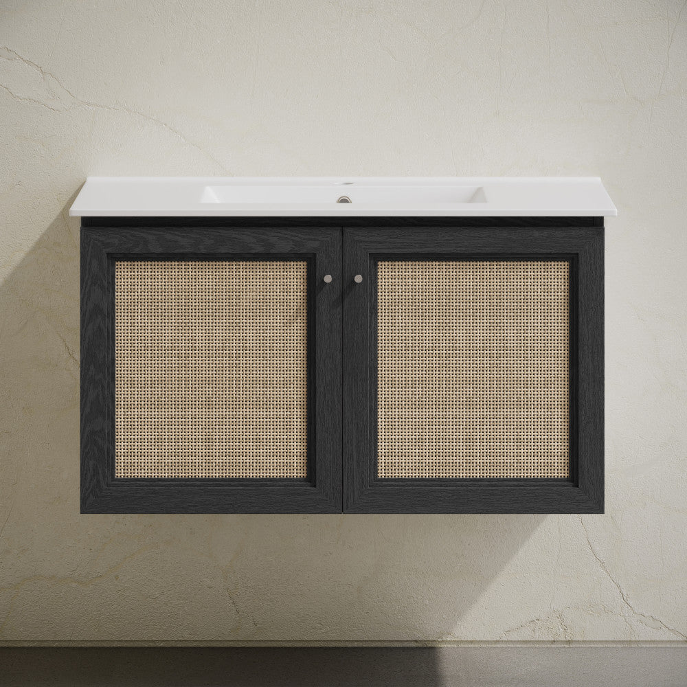 Classe 36" Wall-Mounted Bathroom Vanity in Black Oak with Single Faucet Hole Vanity Top